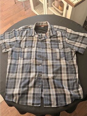 Harley-Davidson Men's Blue and Gray Plaid Short Sleeve Button-Up